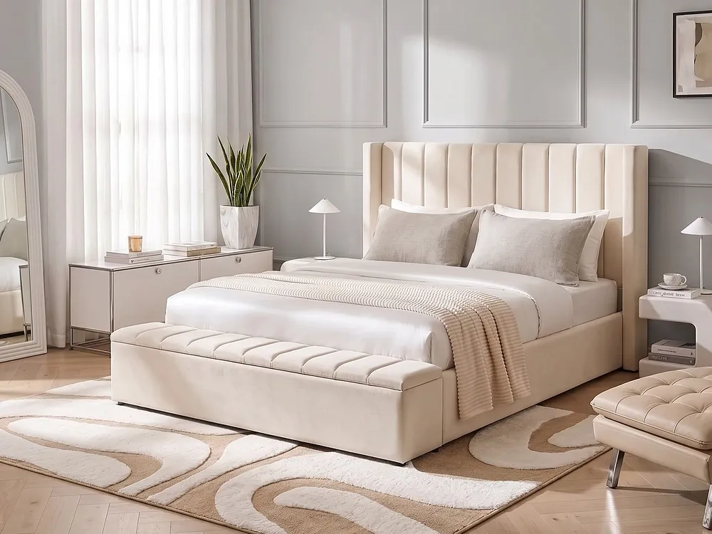 Säng med förvaringsbänk NOYERS Sammet Off-White 180 x 200 cm_1156397