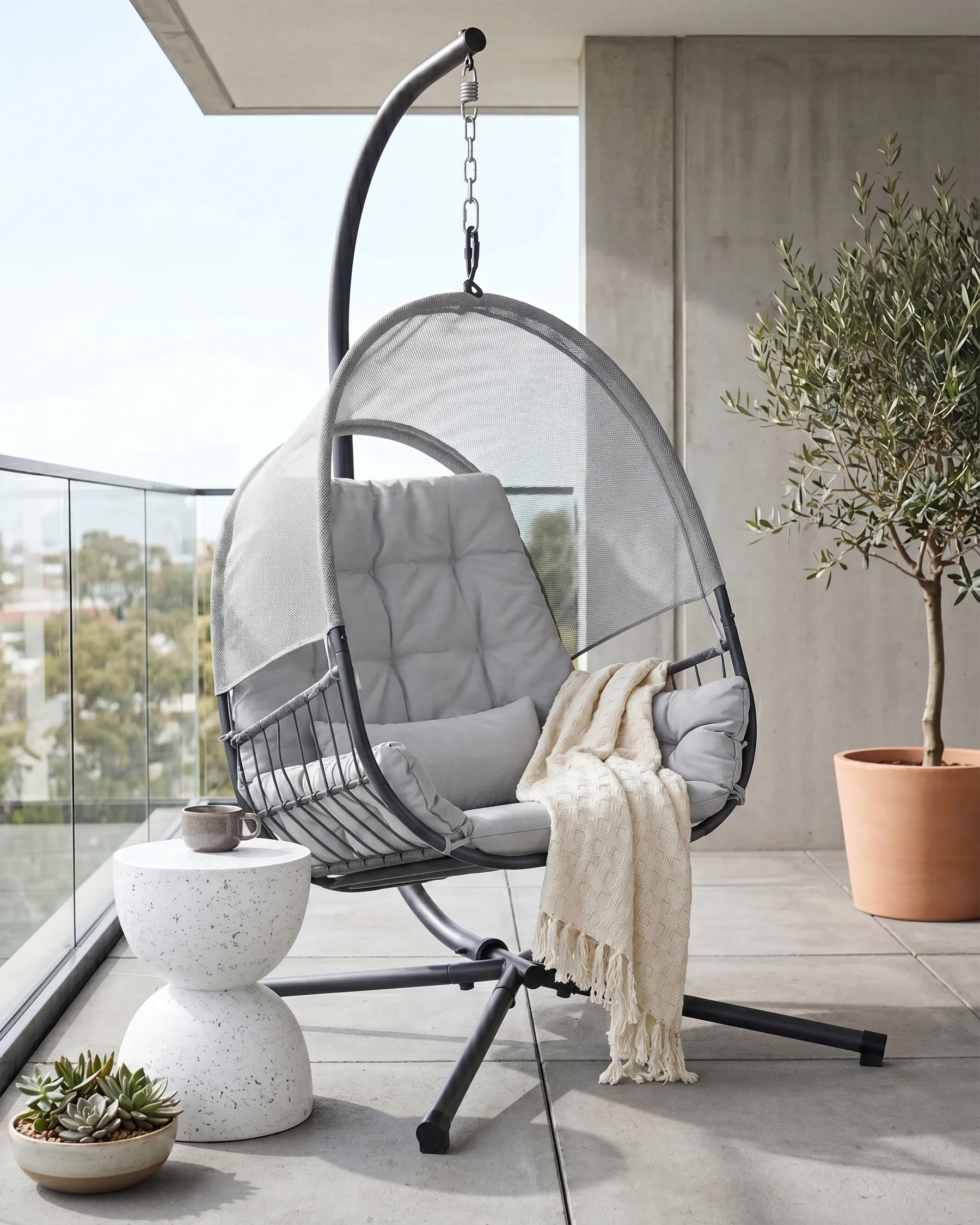 Hanging Chair with Stand ALVIANO Fabric Light Grey_960451