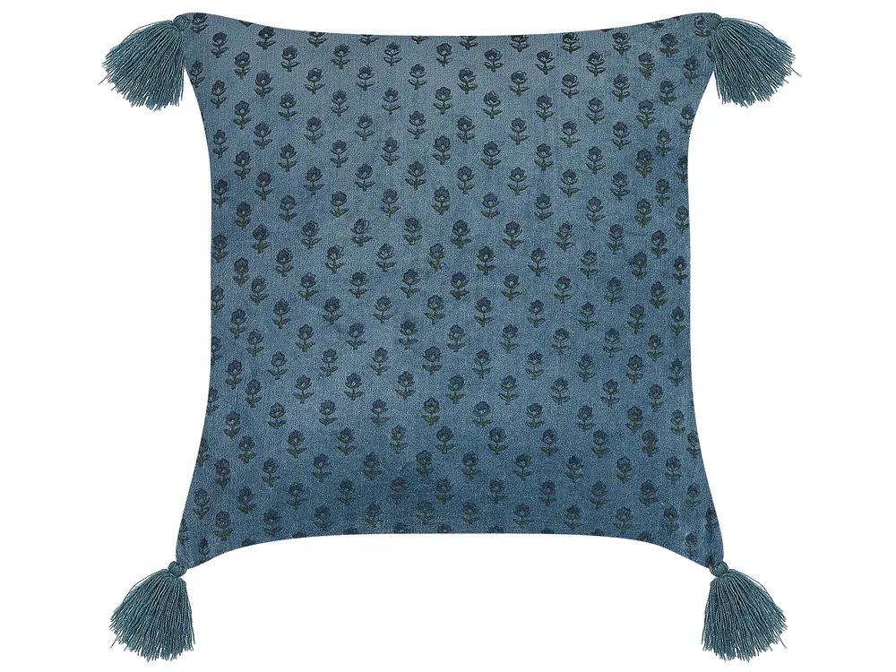 Set of 2 Decorative Cushions RIBES 45 x 45 cm Velvet Dark Blue Floral Pattern_838238