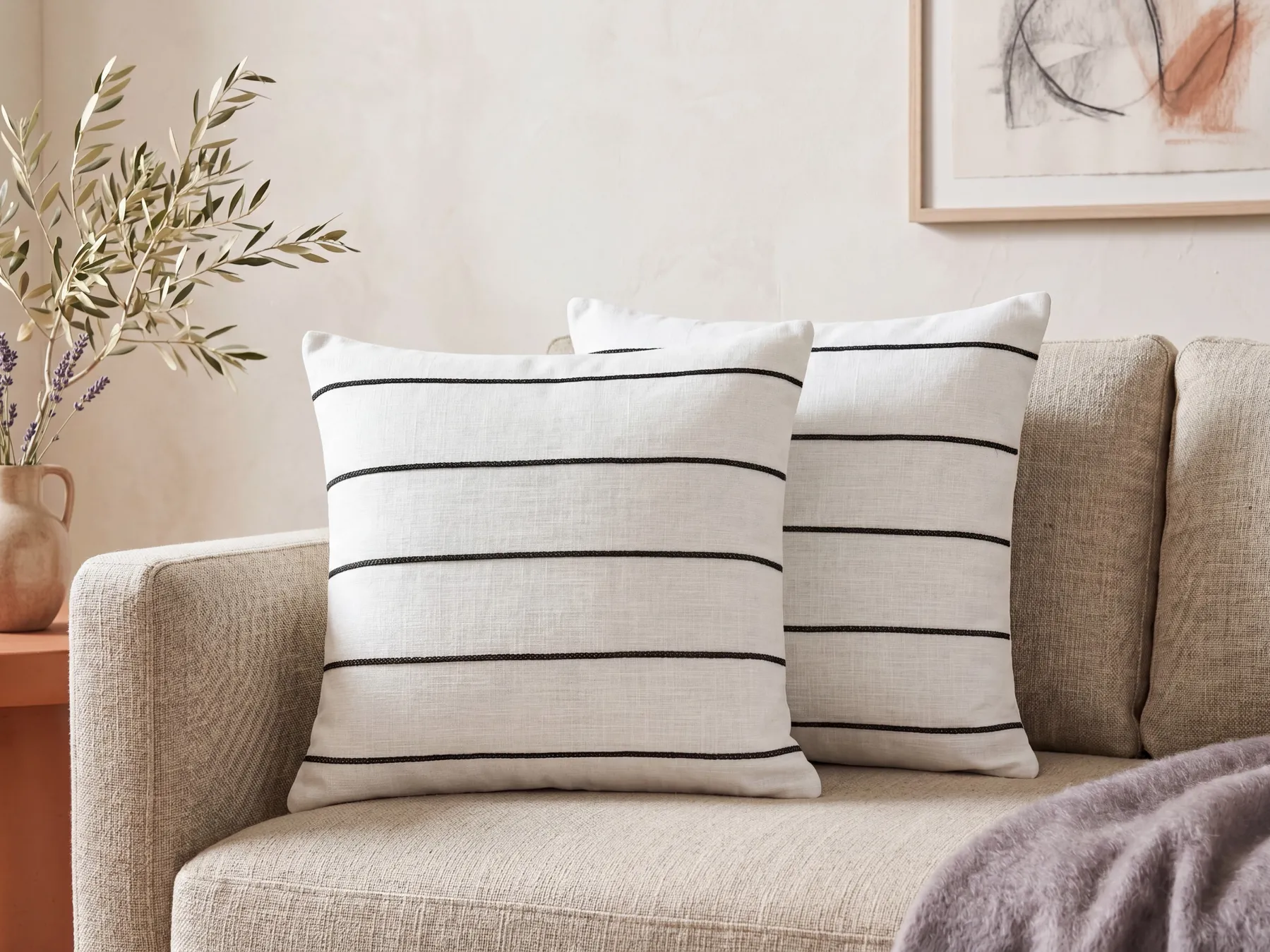 Set med 2 prydnadskuddar MILAS 50 x 50 cm Linne Svart/ Vit Randigt_904802