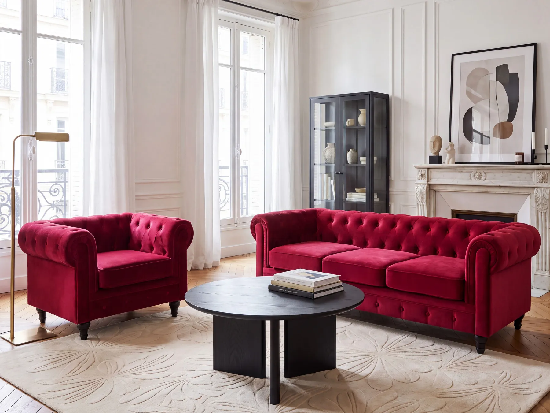 Living Room Set 4 Seater CHESTERFIELD Velvet Dark Red_778784