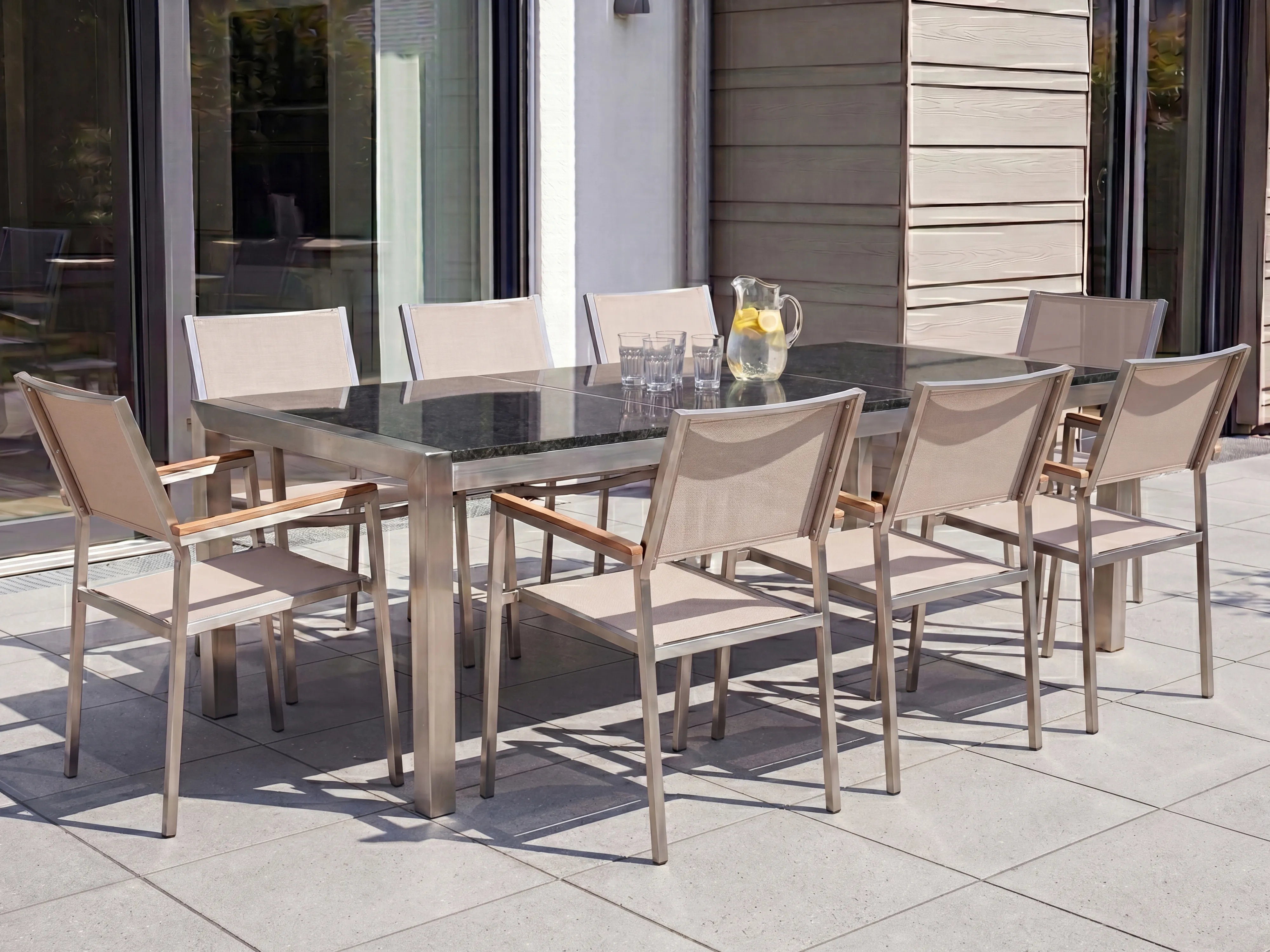 Garden Dining Set 8 Seater GROSSETO Triple Plate Granite Polished Black/ Beige