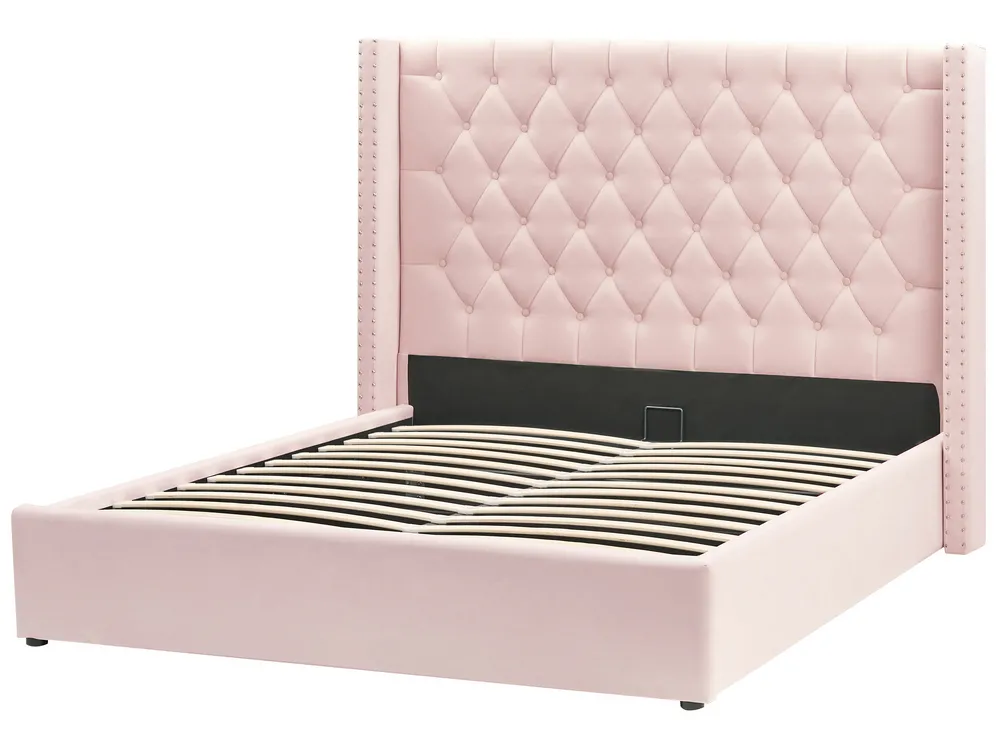 Ottoman Bed LUBBON Velvet Pastel Pink 160 x 200 cm (EU King Size)_833885