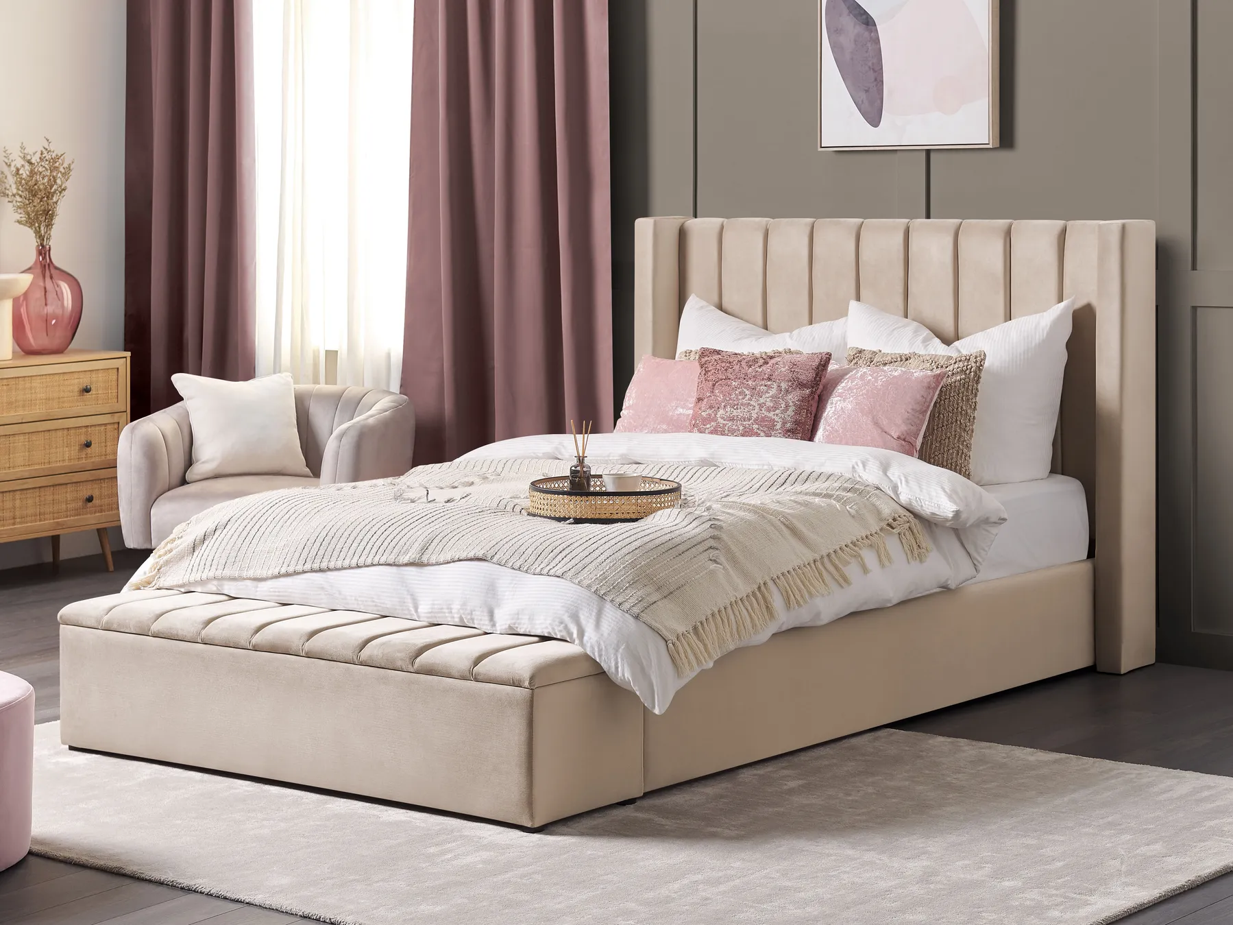 Waterbed with Storage Bench NOYERS Velvet Beige 160 x 200 cm (EU King Size)_915214