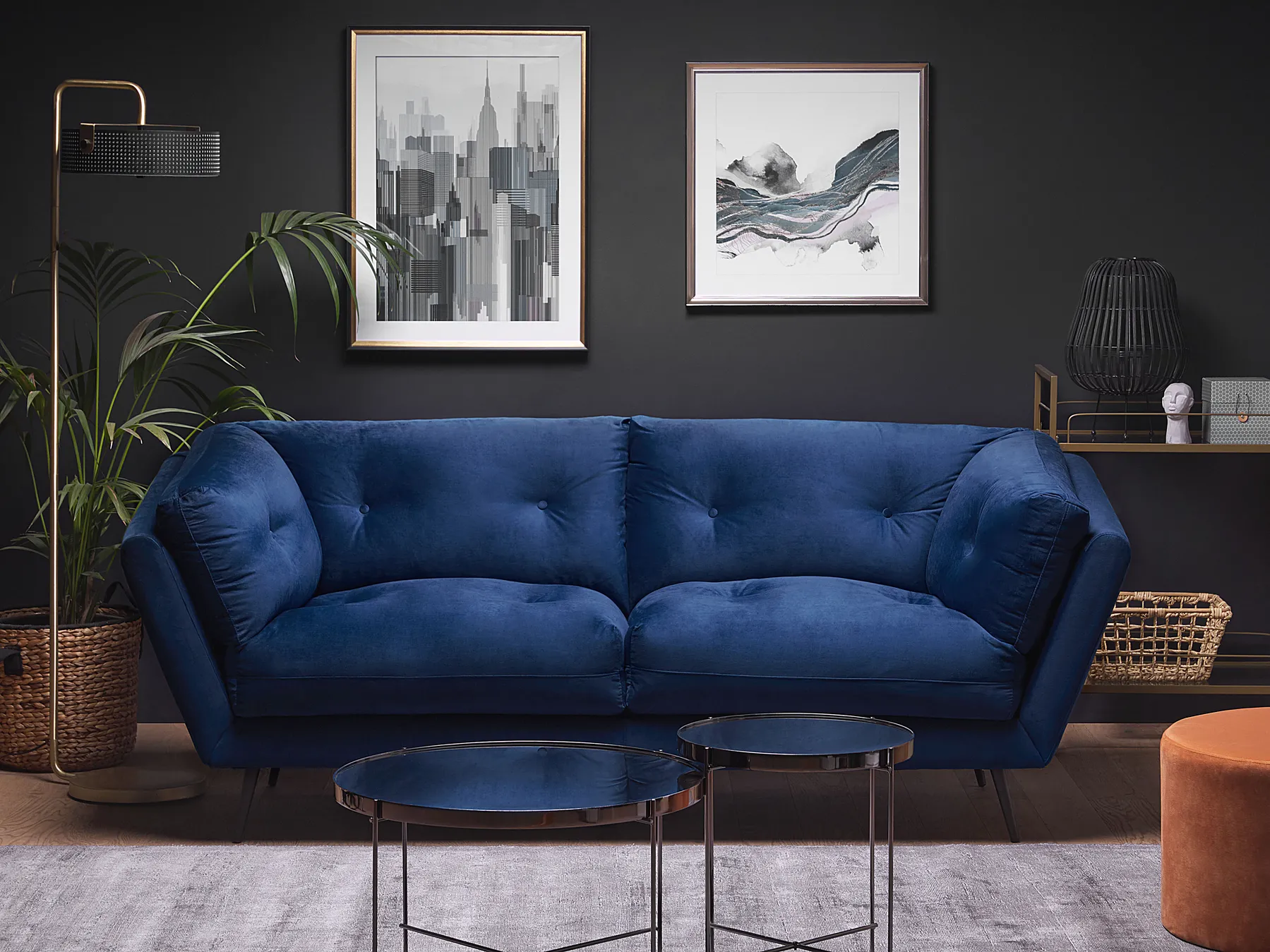Sofa 3 Seater LENVIK Velvet Navy Blue_785001