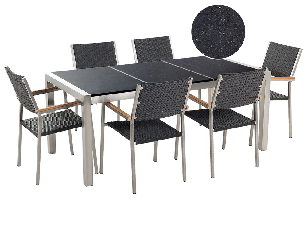 Garden Dining Set 6 Seater GROSSETO Triple Plate Granite Polished Black