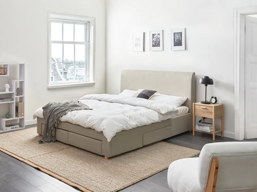 Bed with Storage Drawers SOUTRIN Fabric Beige 160 x 200 cm (EU King Size)_993422