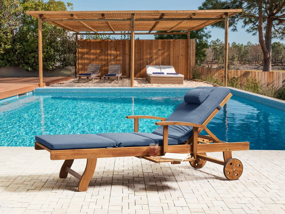 Sun Lounger with Cushion JAVA PREMIUM Reclining Acacia Wood Blue