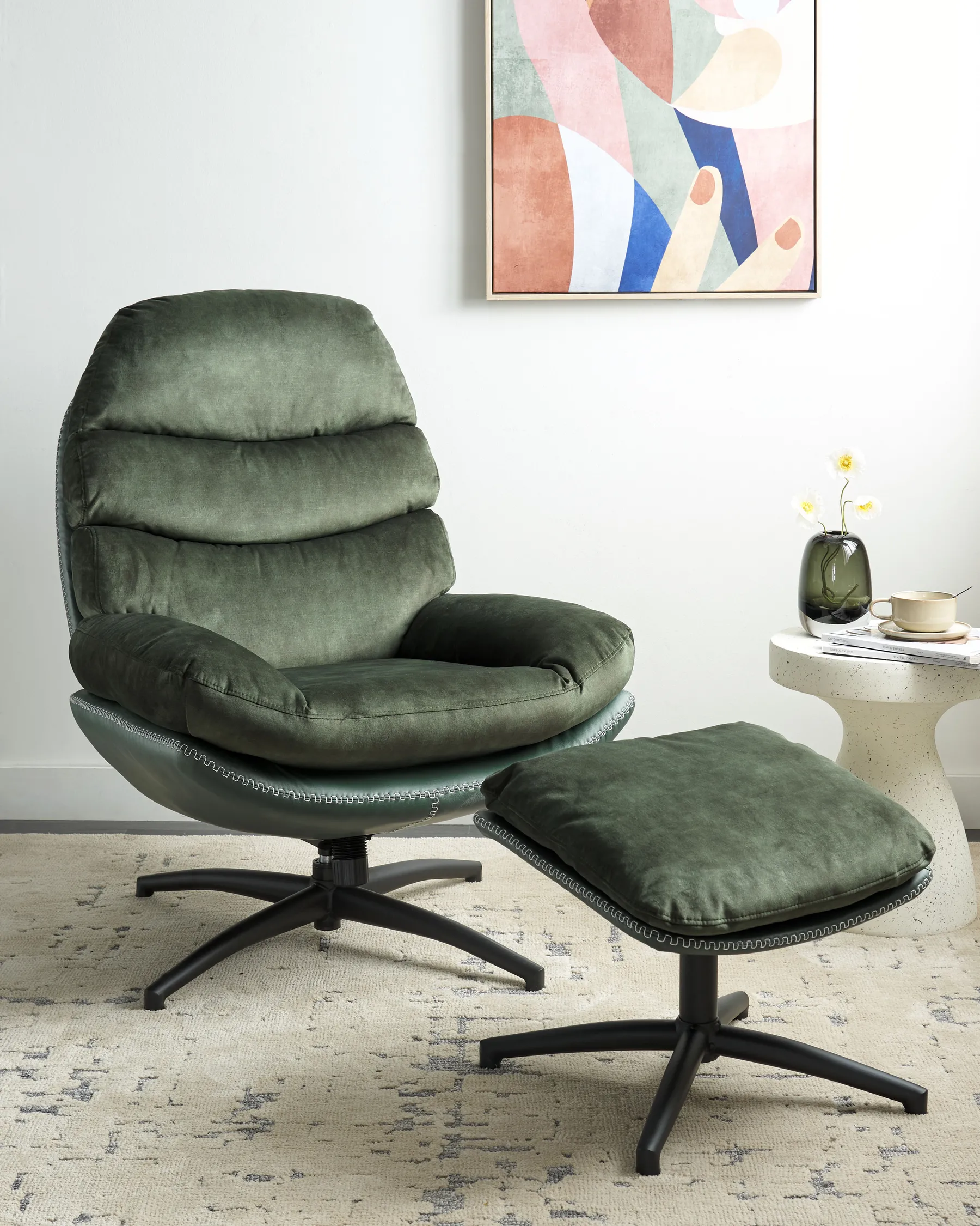 Swivel Armchair EIDE with Footstool Velvet Dark Green_923469