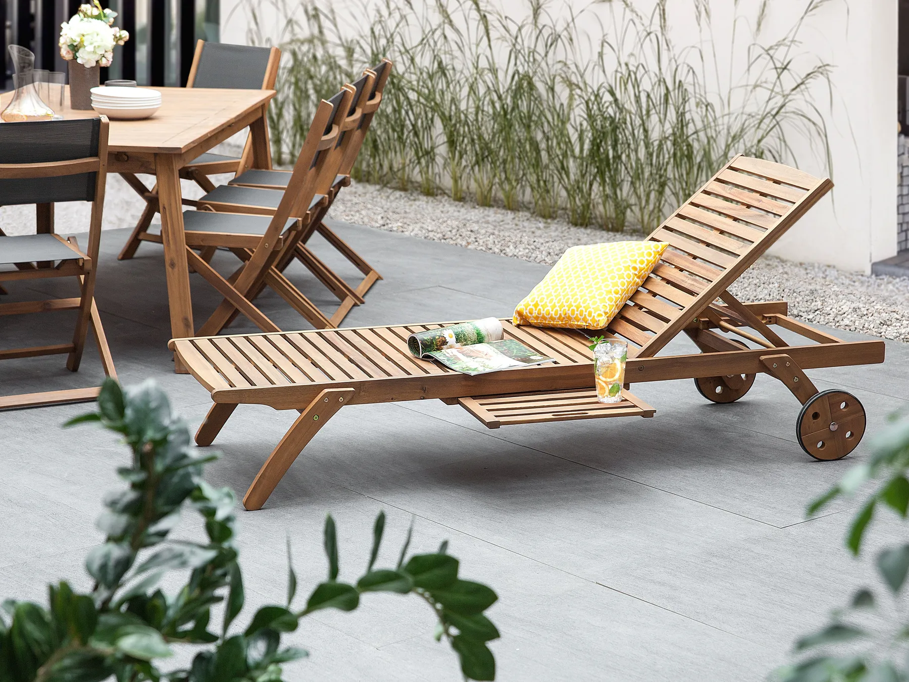 Sun Lounger CESANA Reclining Acacia Wood Light Brown_708267