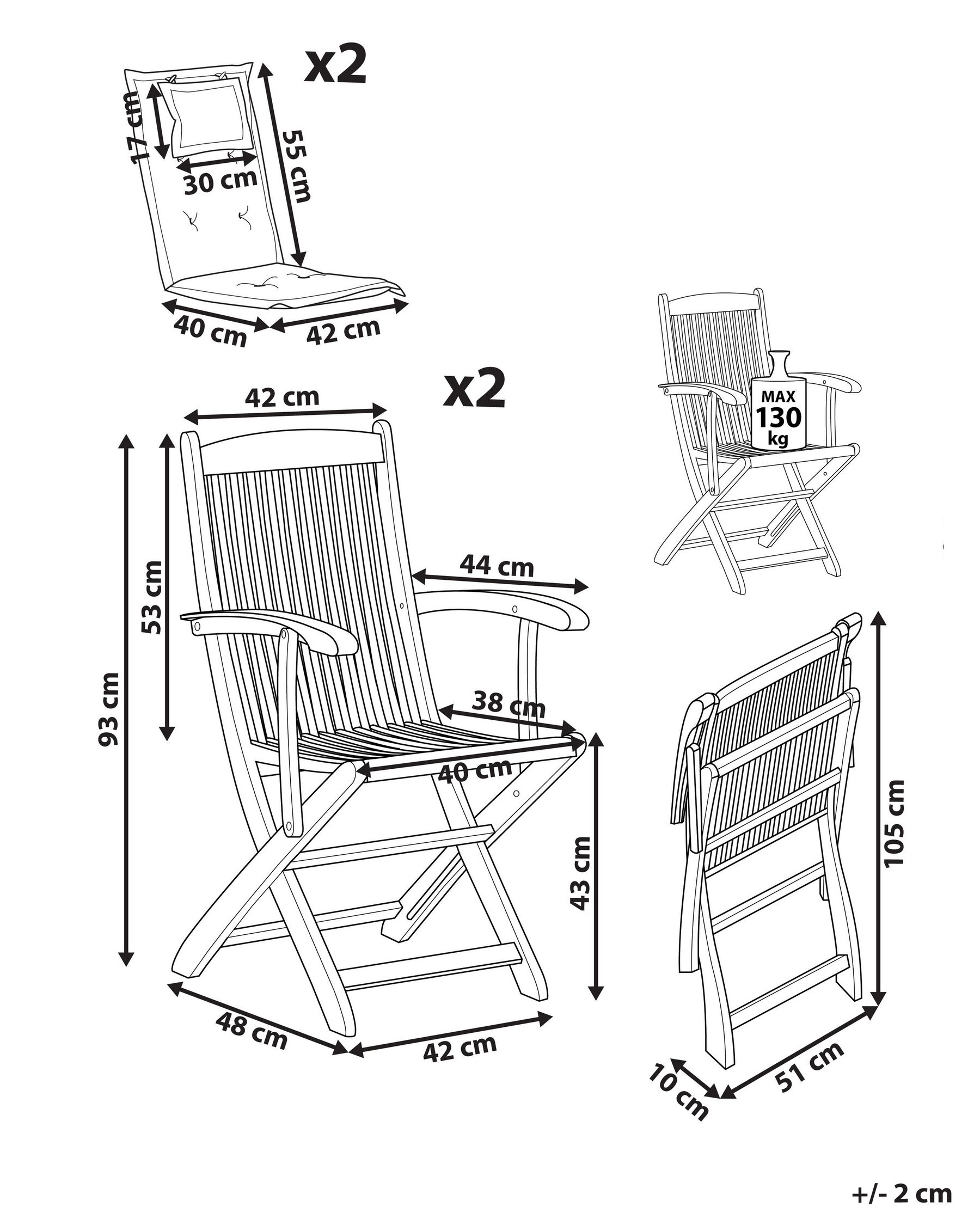 Set of 2 Garden Chairs with Cushions MAUI Acacia Wood Grey_782513