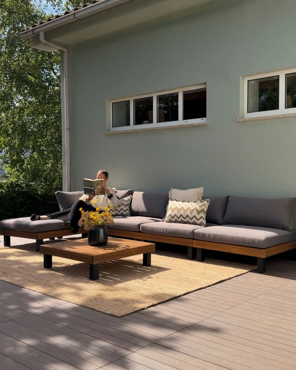 Garden Corner Sofa with Table 5 Seater FRAZZANO Modular Certified Acacia Wood Grey_1072006
