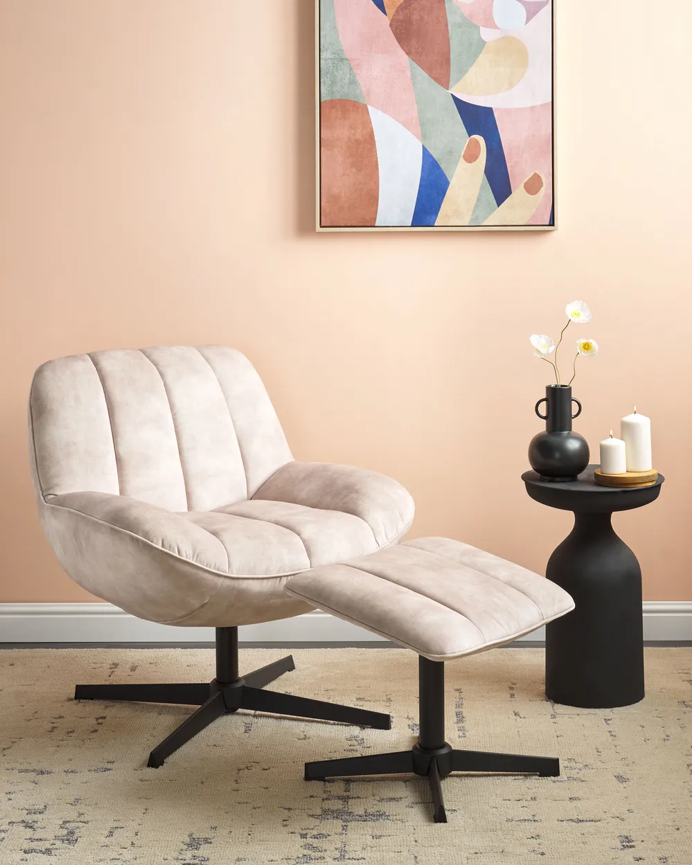 Swivel Armchair LIA with Footstool Velvet Beige