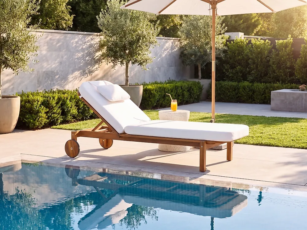 Sun Lounger with Cushion LATERZA  Reclining Certified Acacia Wood White
