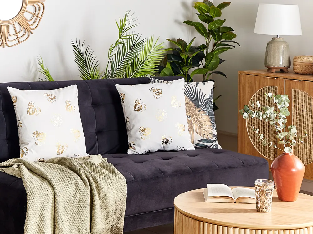 Set of 2 Decorative Cushions GOLDENROD 45 x 45 cm Velvet White Plant Pattern