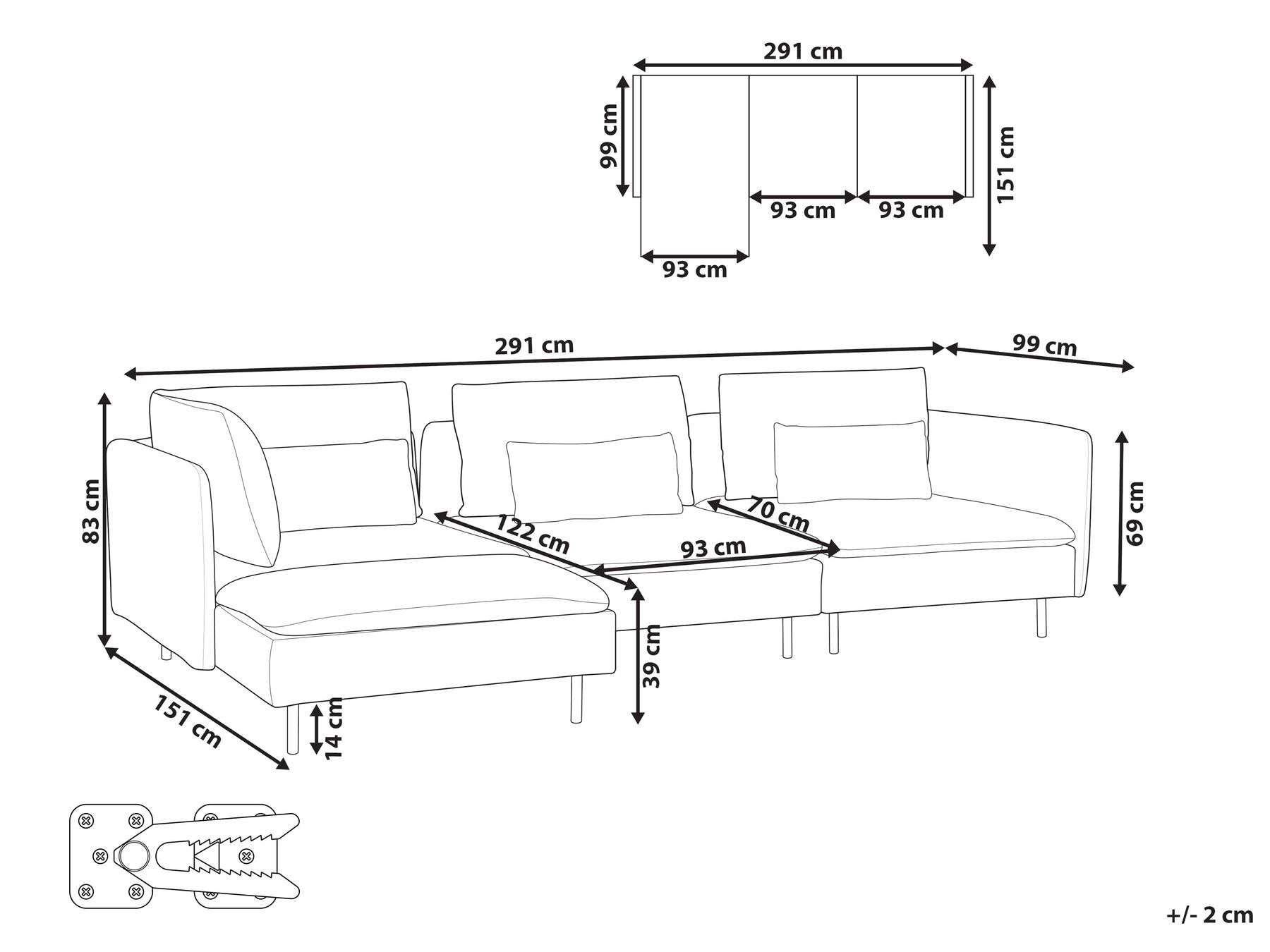 Modular Corner Sofa 3 Seater EGERIS Fabric Light Grey Right Hand_894313