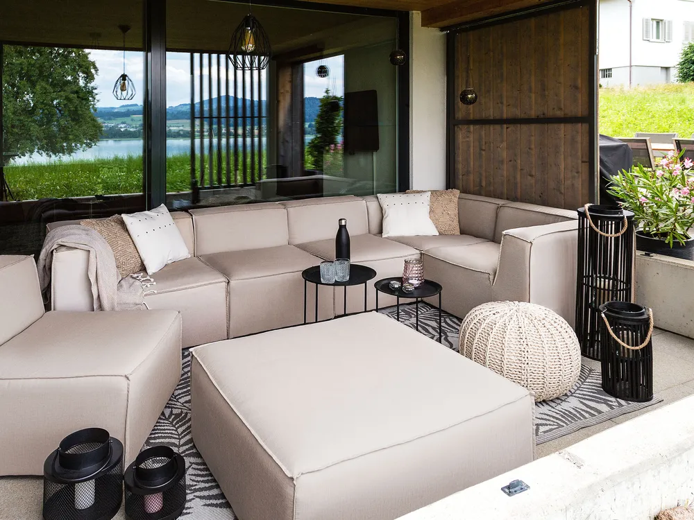 Garden Corner Sofa with Ottoman 7 Seater AREZZO Modular Beige Left Hand_826865