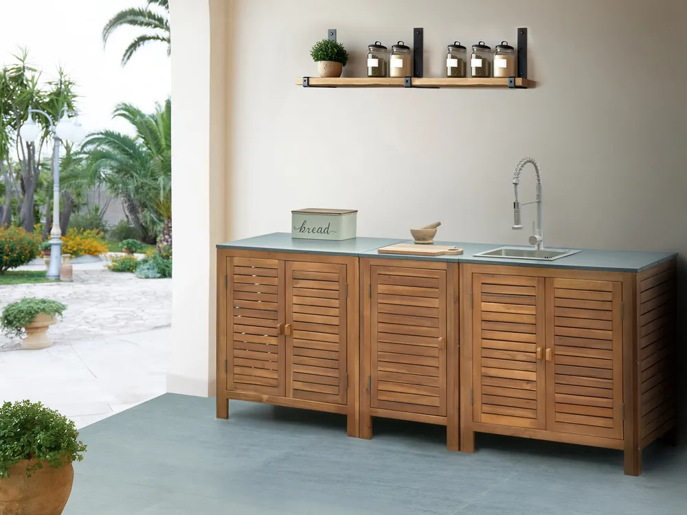 3 Piece Outdoor Kitchen Set with Sink BRUCOLI Brown/ Silver Acacia Wood