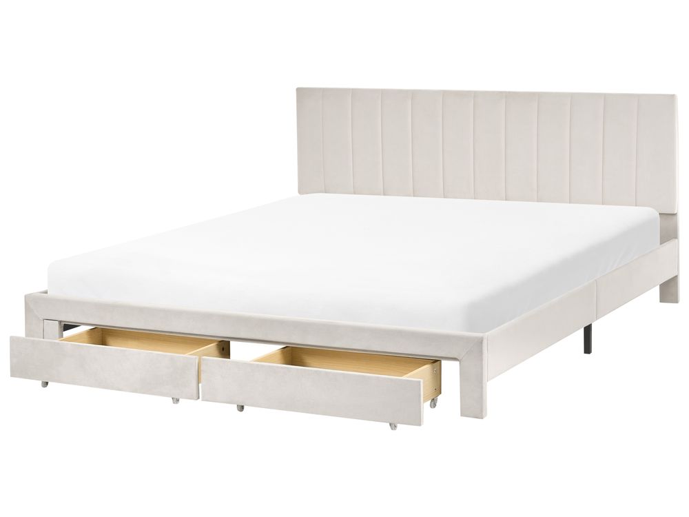 Bed with Storage Drawers LONZAC Velvet Off-White 180 x 200 cm (EU Super King)