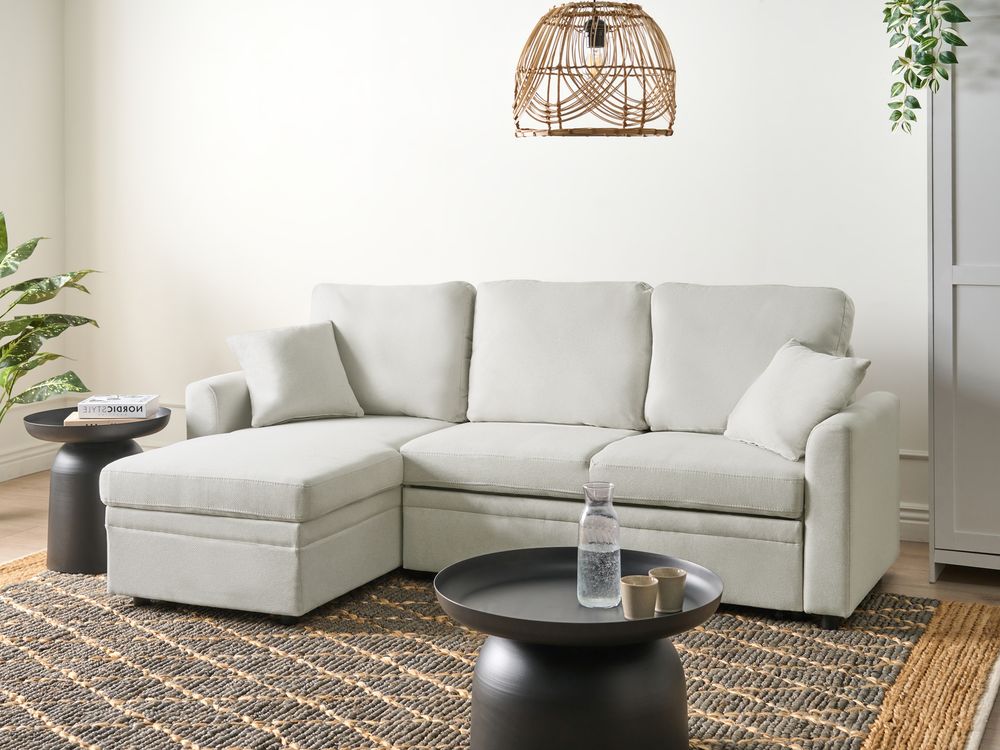 Hjørnesovesofa 3-seter NASSJO Imitert lin Off white Høyrevendt