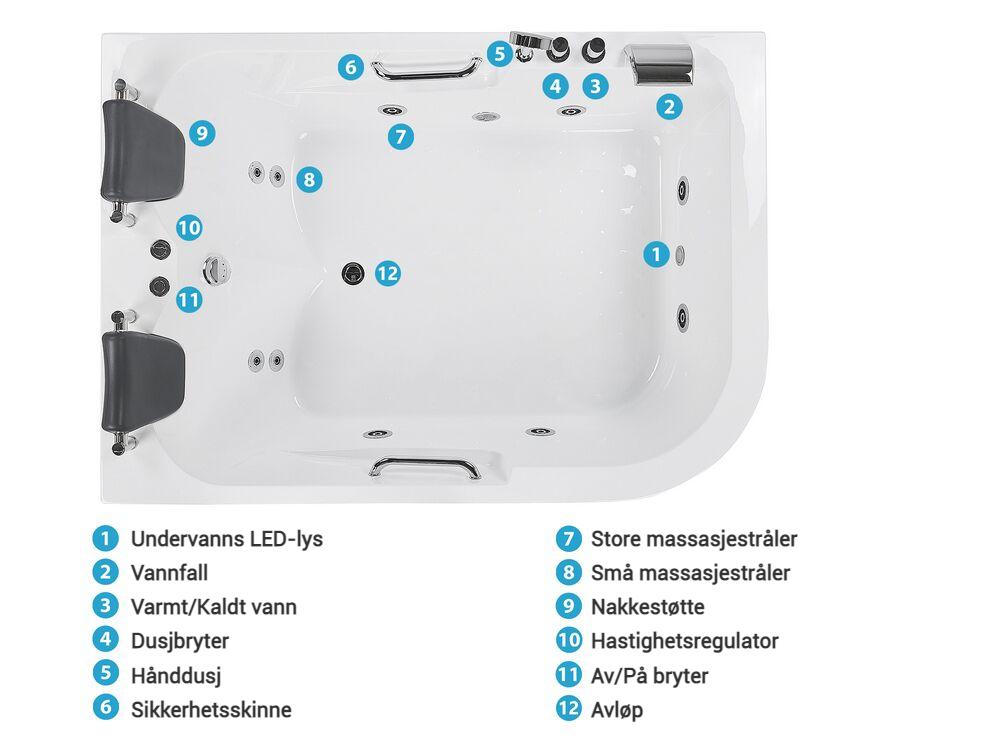 Hjørneboblebad med LED BAYAMO 170 x 120 cm Hvit Høyrevendt_821993