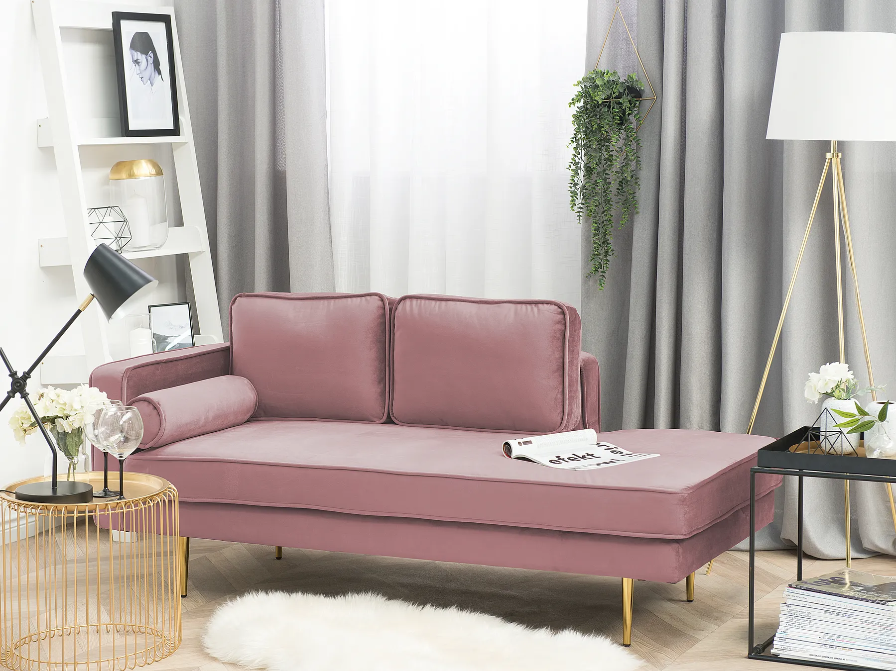 Vänstervänd schäslong MIRAMAS Sammet Rosa_753994