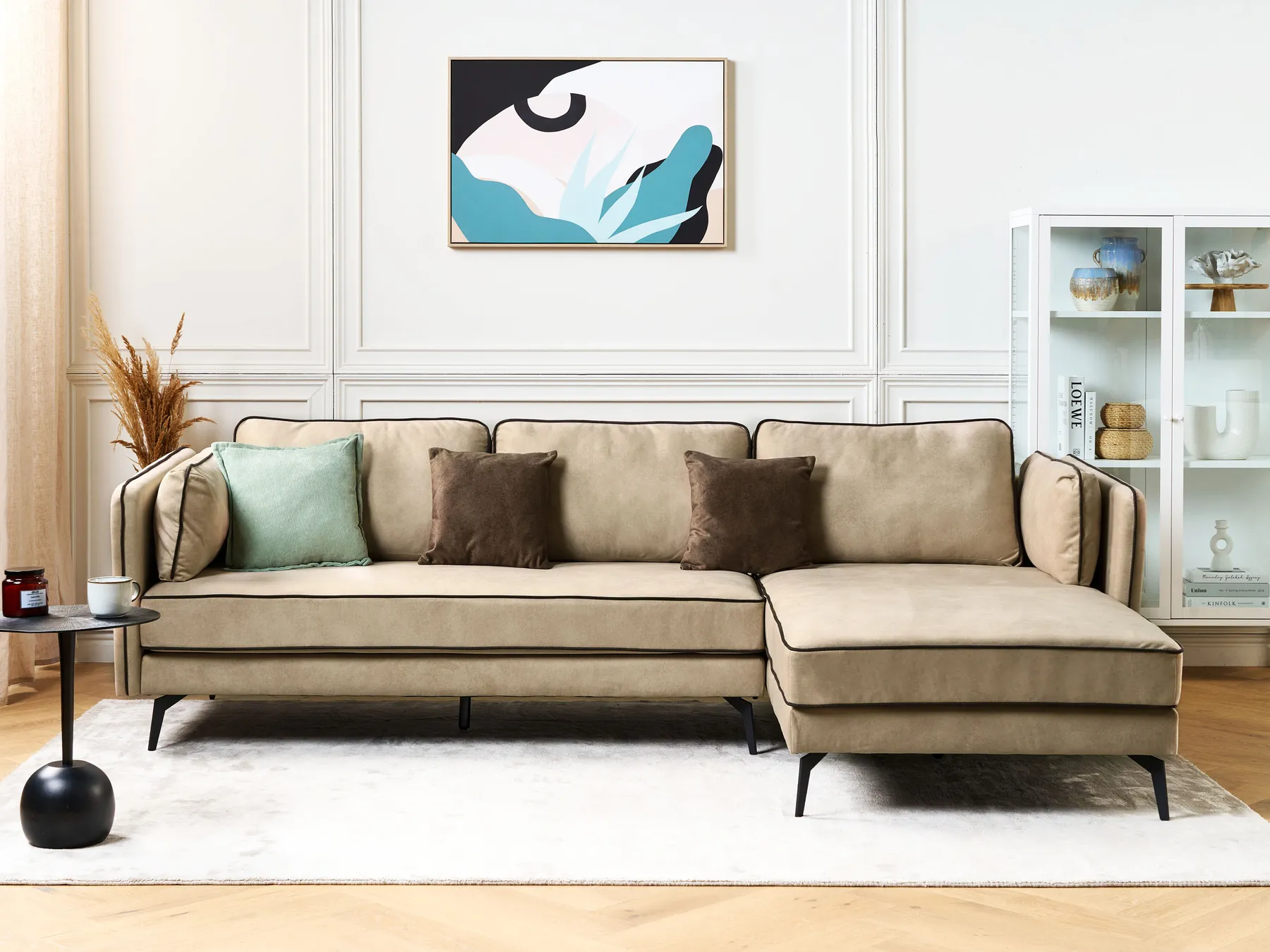 Corner Sofa 3 Seater ALTAN Velvet Beige Left Hand_878436