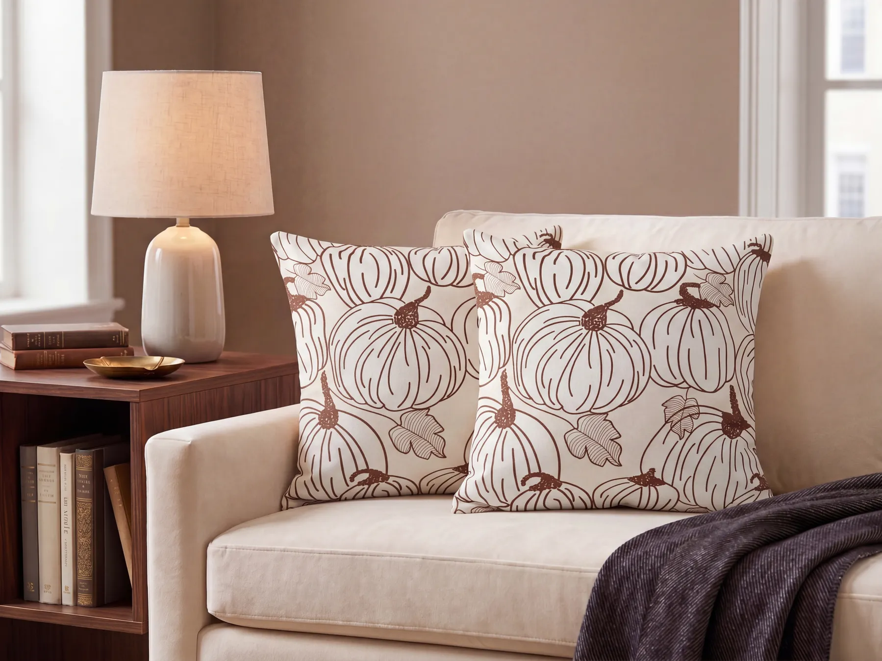 Throw Cushion GOURD 45 x 45 cm Velvet Beige Plant Pattern_830156