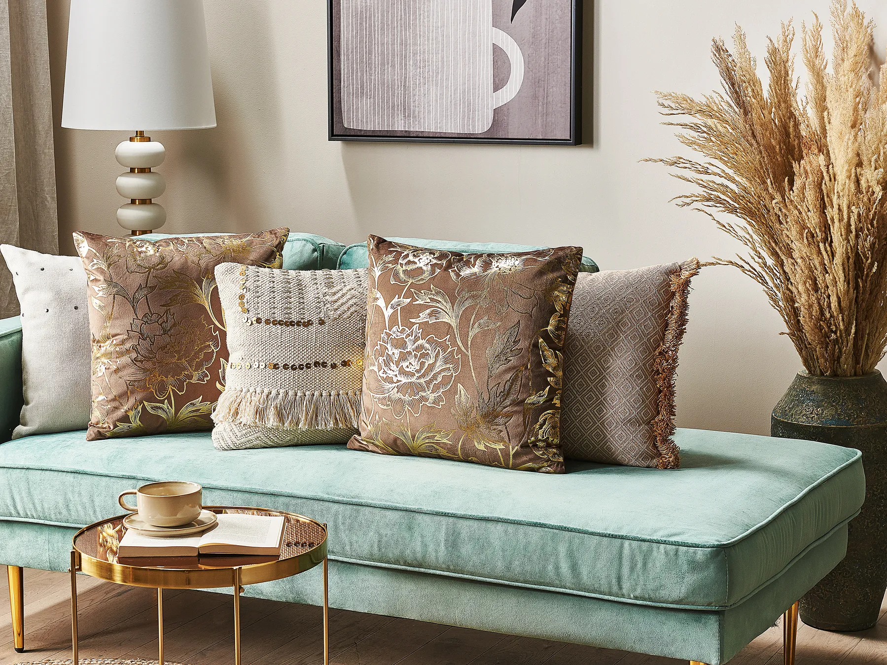 Set of 2 Decorative Cushions DAFFODIL 45 x 45 cm Velvet Brown Floral Pattern_829978