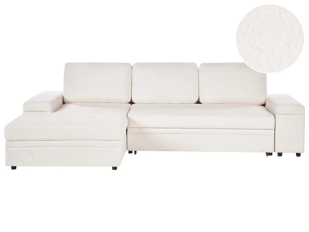Corner Sofa Bed 3 Seater HRISEY with Storage Boucle White Right Hand