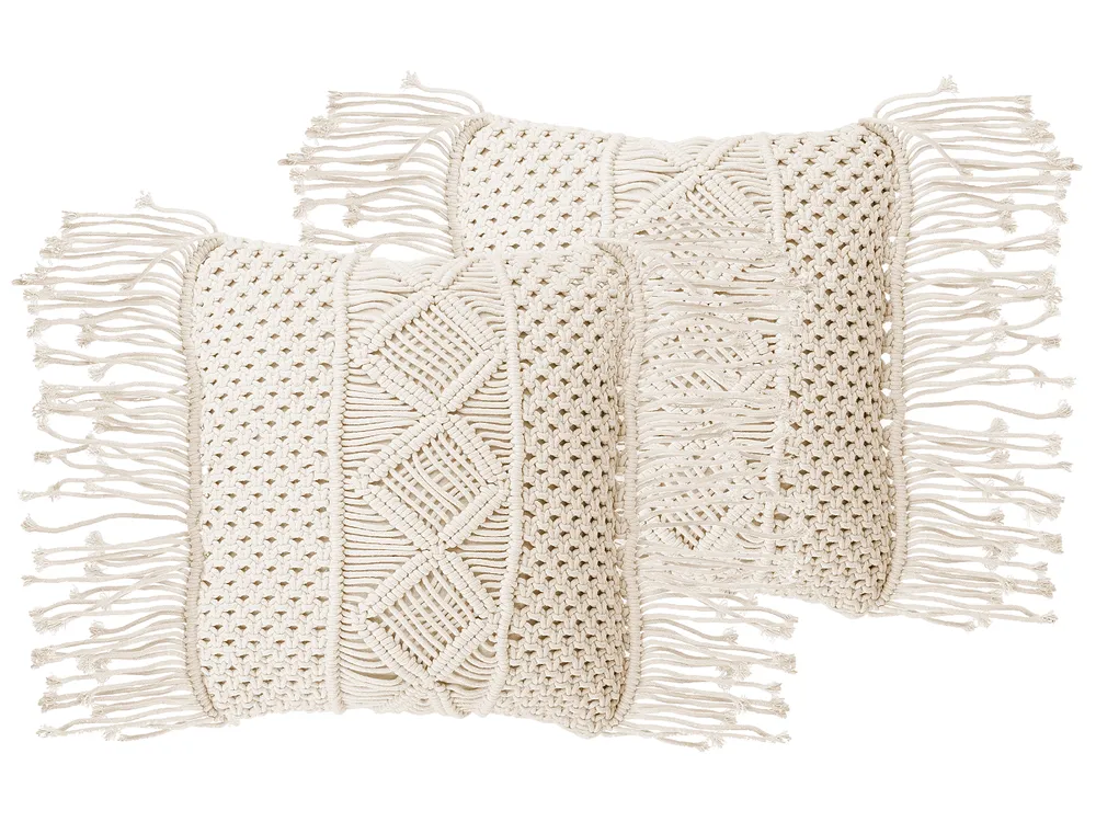 Set of 2 Decorative Cushions YORTAN 45 x 45 cm Cotton Light Beige Geometric Pattern