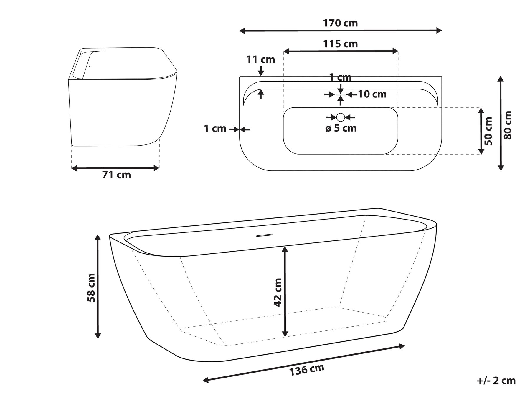 Back to Wall Bathtub TAUCA 1700 x 800 mm White_1149550