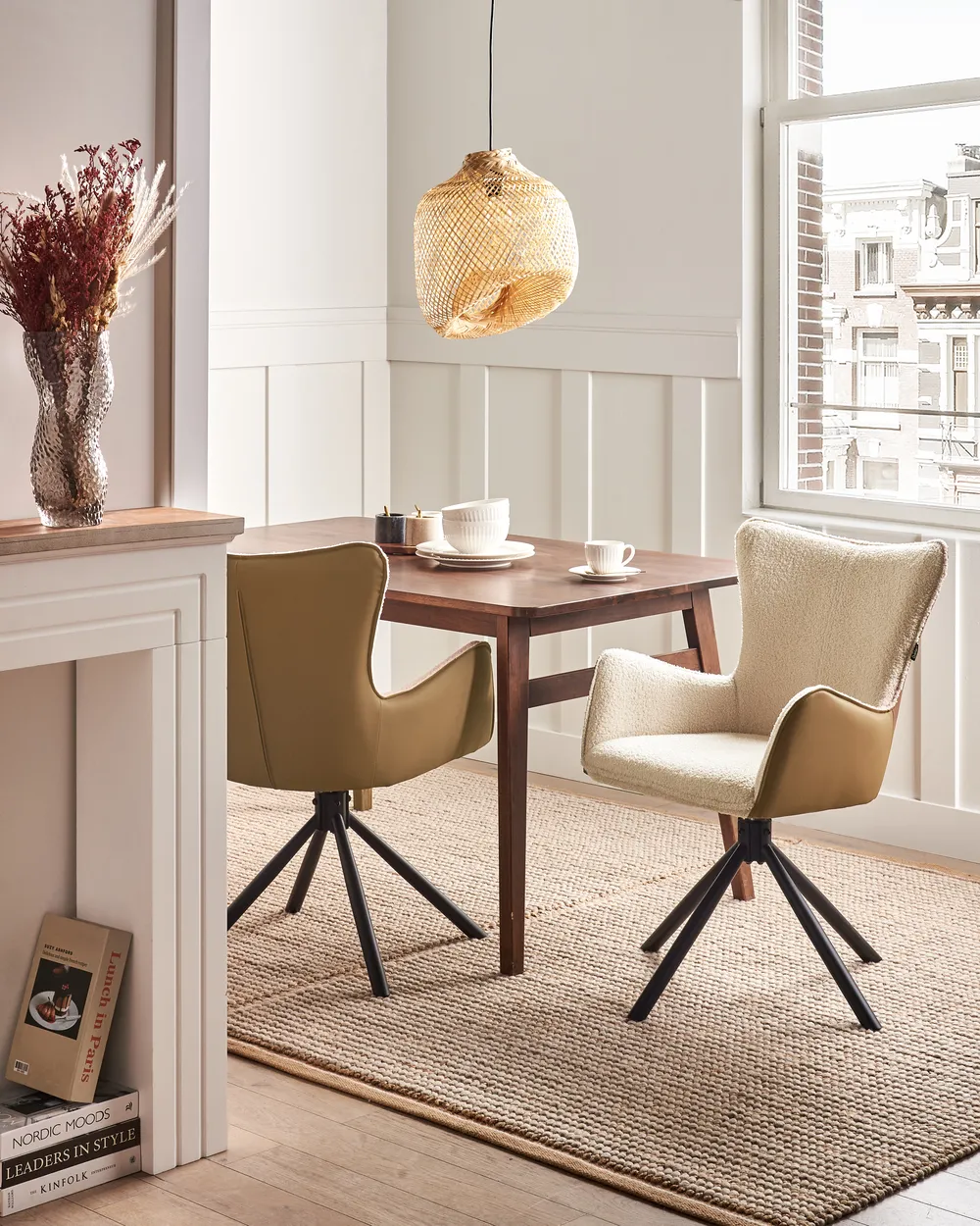 Set of 2 Dining Chairs Swivel NOVI Boucle Light Beige