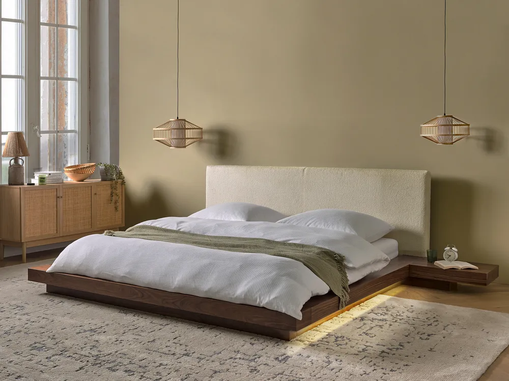 Bed with LED Boucle ZEN 180 x 200 cm (EU Super King) LED Brown Ash Wood
