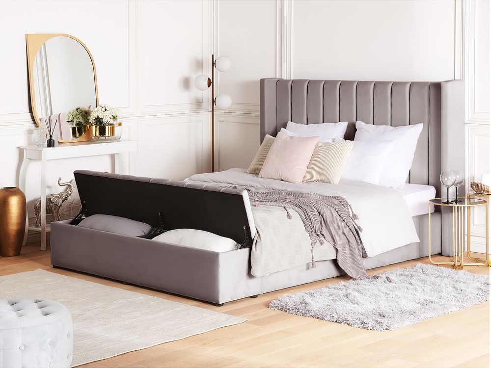 Waterbed with Storage Bench NOYERS Velvet Grey 140 x 200 cm (EU Double)