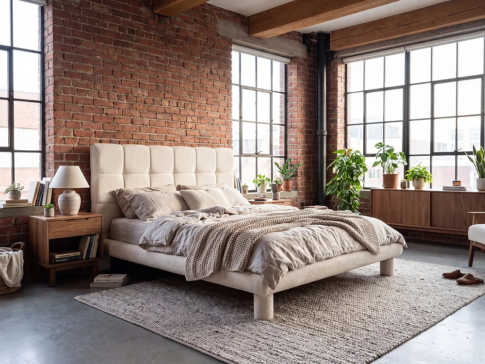 Säng med lamellram Bouclé CRESSAT 140 x 200 cm Off-White_1150971