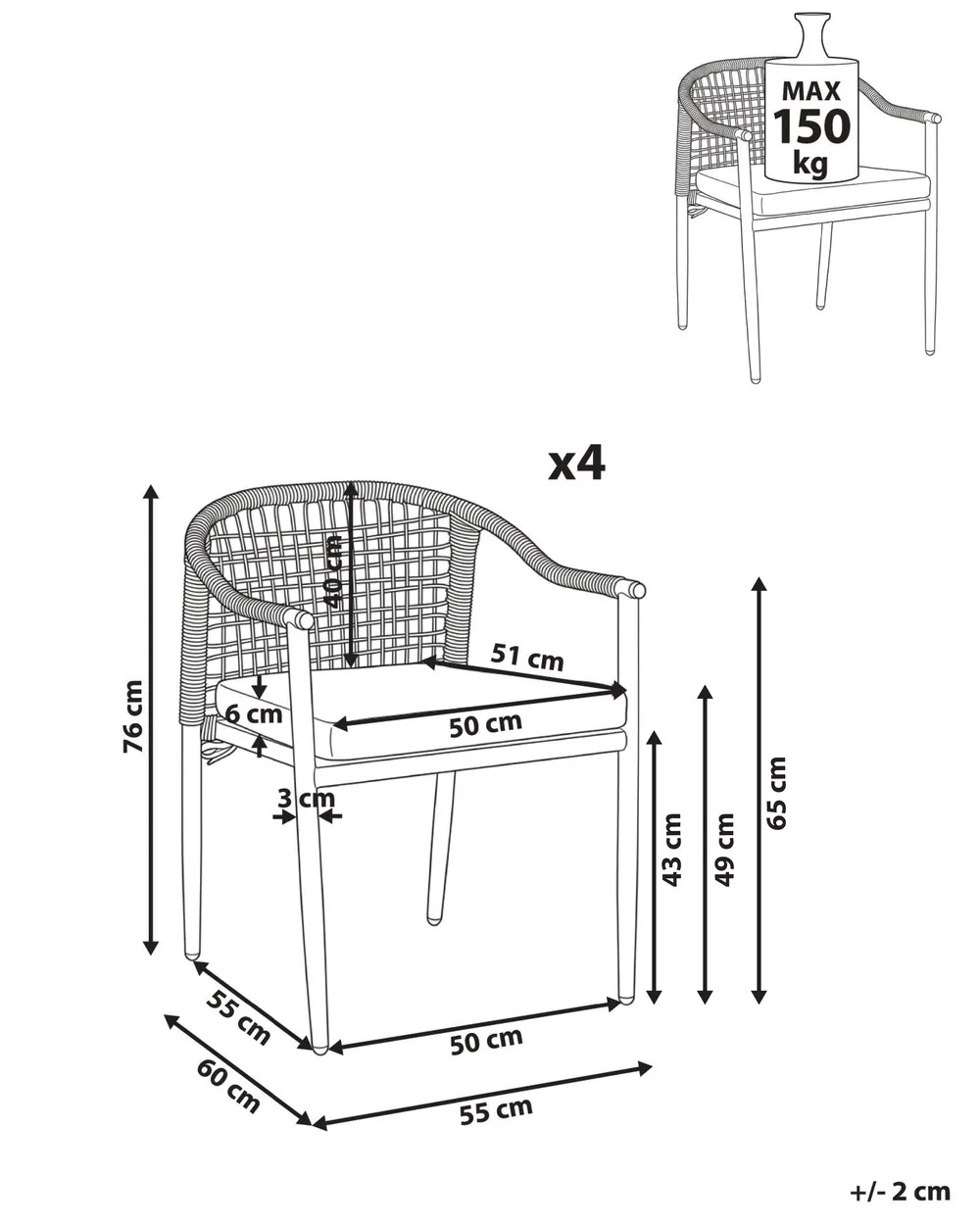 Set of 4 Garden Chairs with Cushions OZZERO Metal Black_1080857
