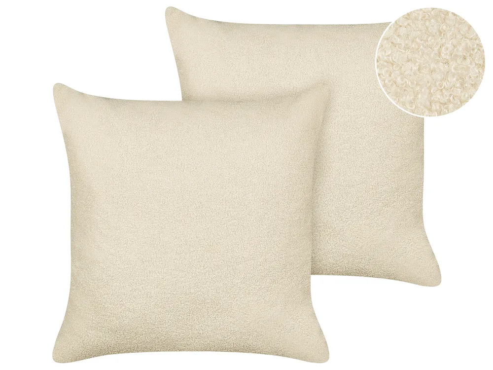 Set of 2 Decorative Cushions LEUZEA 60 x 60 cm Boucle Beige Solid