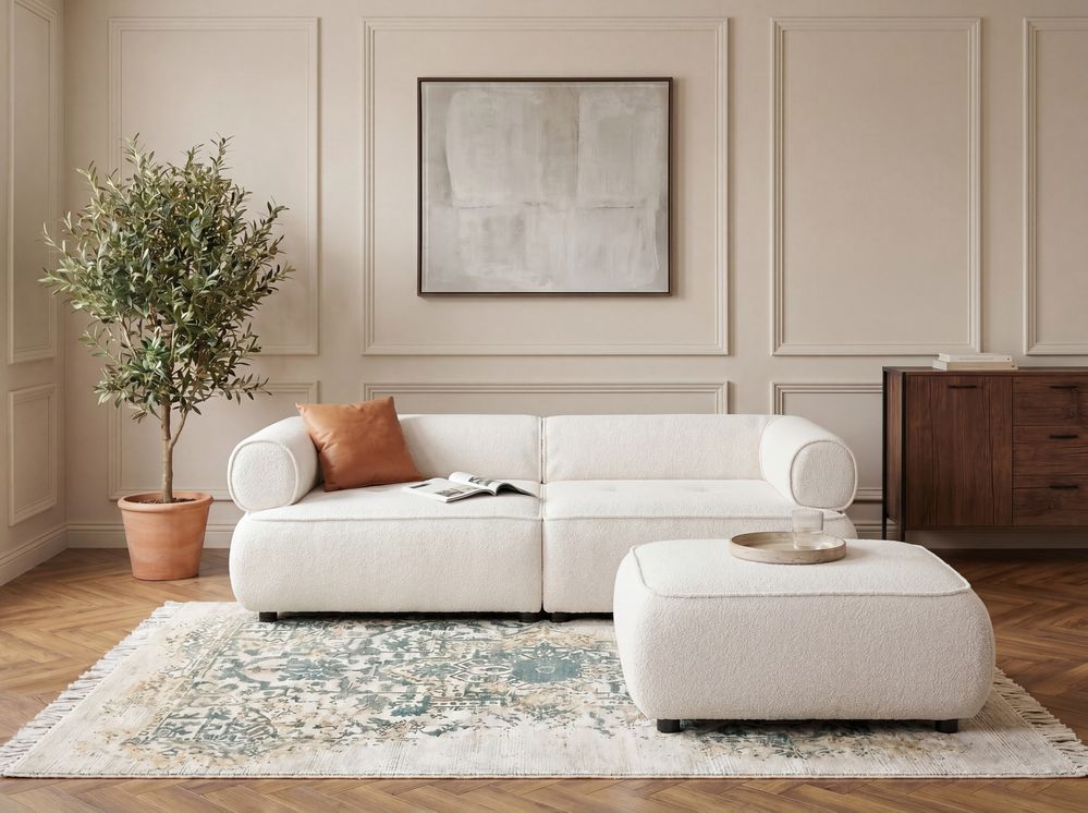Soffa 3-sits SALLA med fotpall Bouclé Off-White