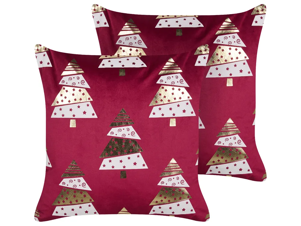 Set of 2 Decorative Cushions GOLDSPRUCE 45 x 45 cm Velvet Red Christmas Motif
