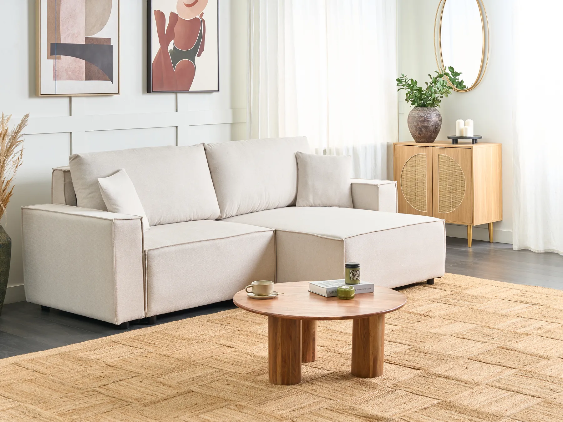Sofa Bed 3 Seater KARILA with Storage Fabric Light Beige Left Hand_885993