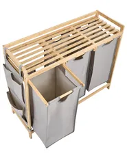 Set of 3 Laundry Baskets with Shelf TOROTAL Bamboo Light Brown/ Grey 120 L_1136248