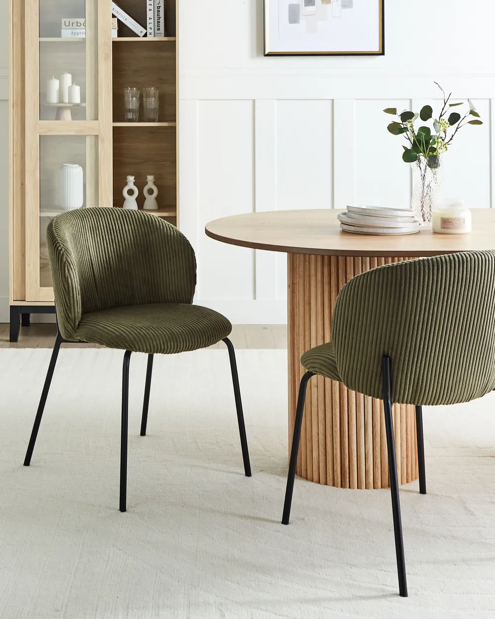 Set of 2 Dining Chairs MILES Corduroy Olive Green