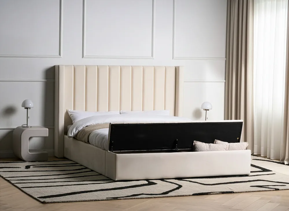 Vattensäng med förvaringsbänk NOYERS Sammet Off-White 160 x 200 cm_1036797