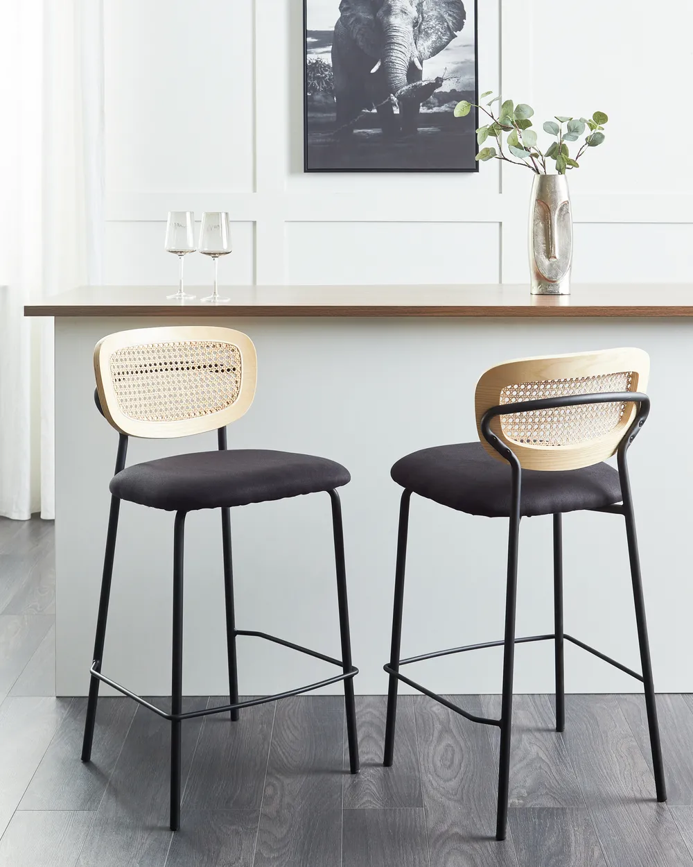 Set of 2 Bar Chairs MAYETTA Rattan Black