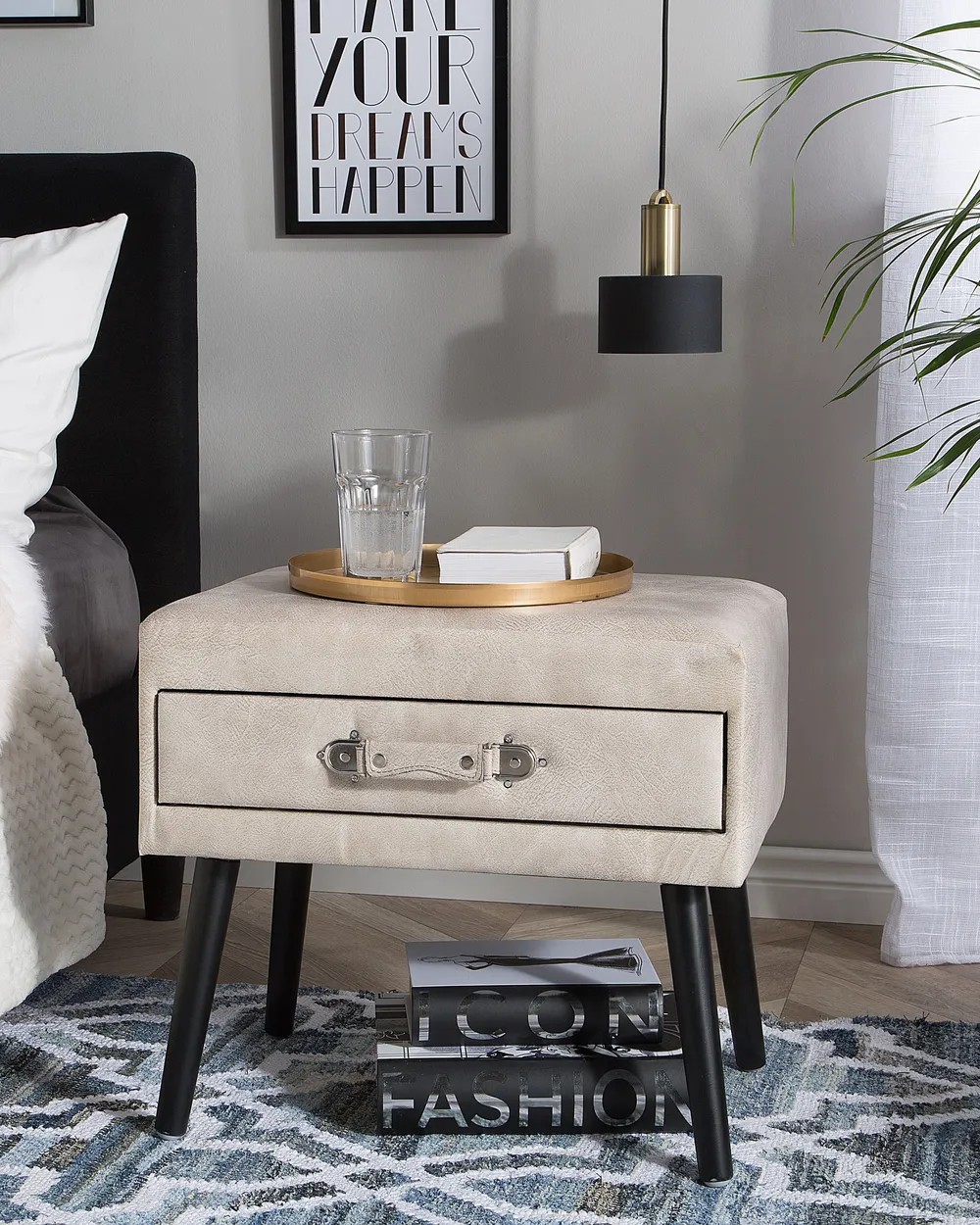 1 Drawer Bedside Table EUROSTAR Faux Leather Beige