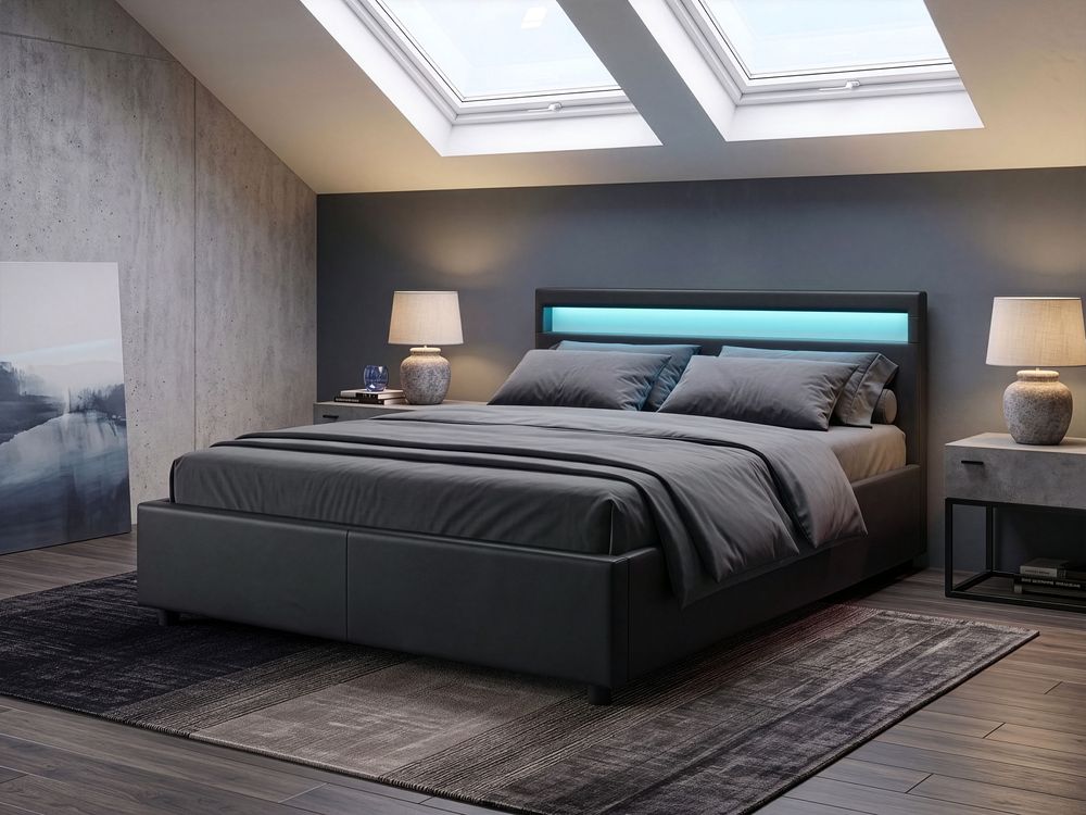 Ottoman Bed with LED ARMELLE Faux Leather Black 160 x 200 cm (EU King Size)