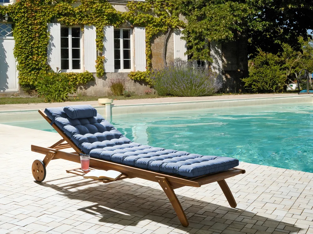 Sun Lounger with Cushion CESANA PREMIUM Reclining Acacia Wood Blue