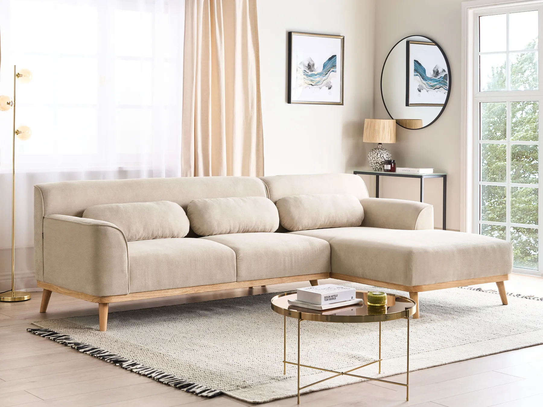 Corner Sofa 3 Seater SIMOS Corduroy Light Beige Left Hand_891022