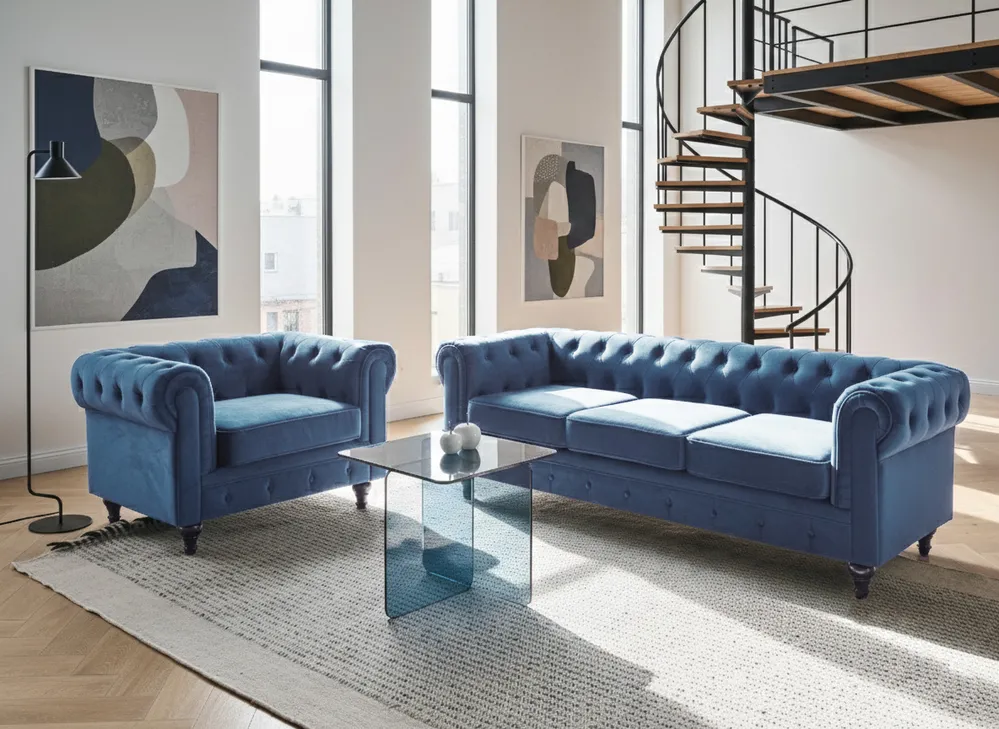 Living Room Set 4 Seater CHESTERFIELD Velvet Navy Blue